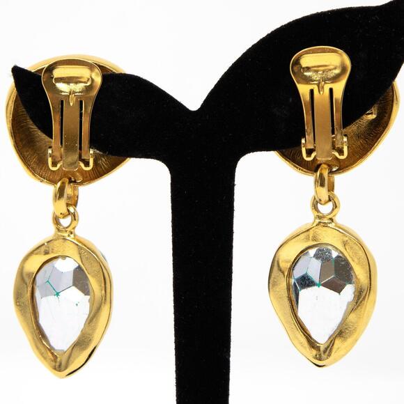 Vintage Ben-Amun Gold Tone Metal Blue Green Faceted Stone Clip On Earrings 2“ - Picture 3 of 9